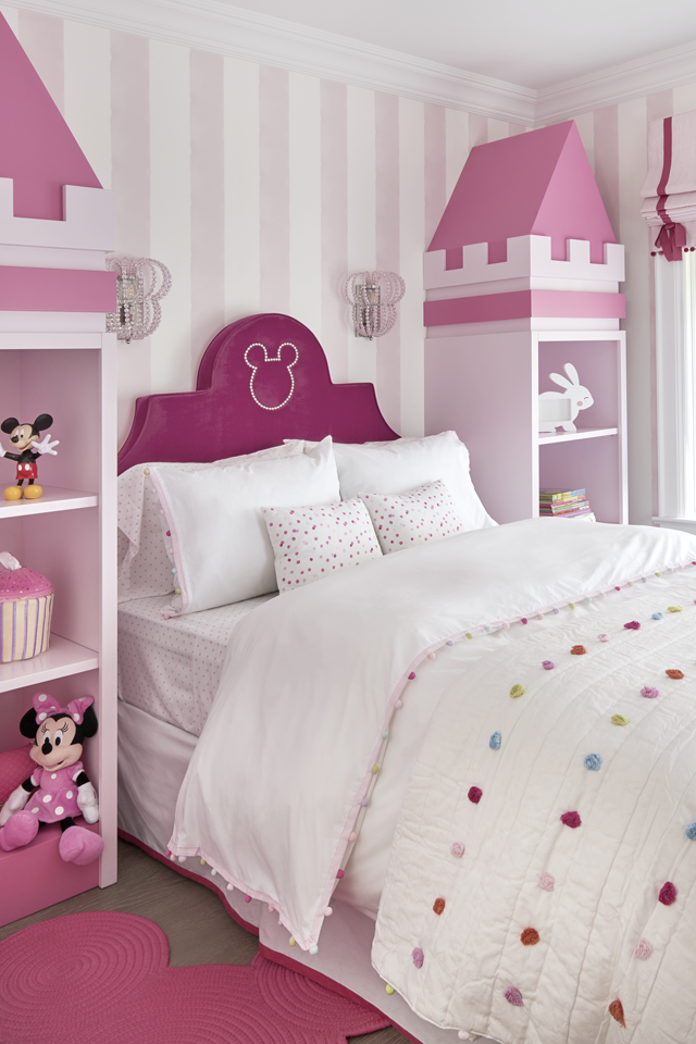 children's pink bedroom with castle bed Interior Design by Sara Bederman