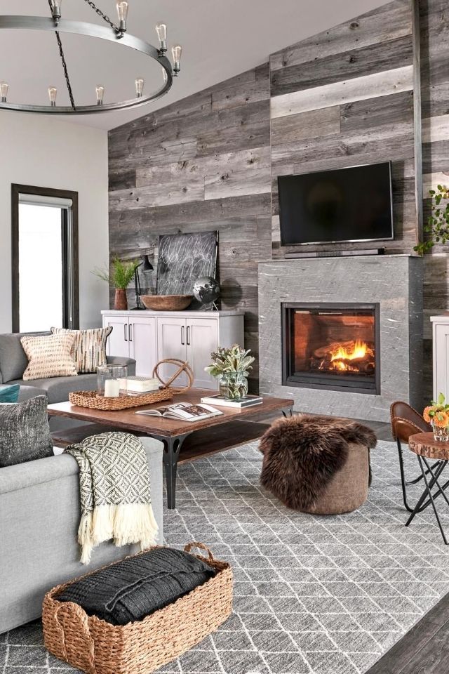 Country Floors with Wood Plank Wall and Fireplace